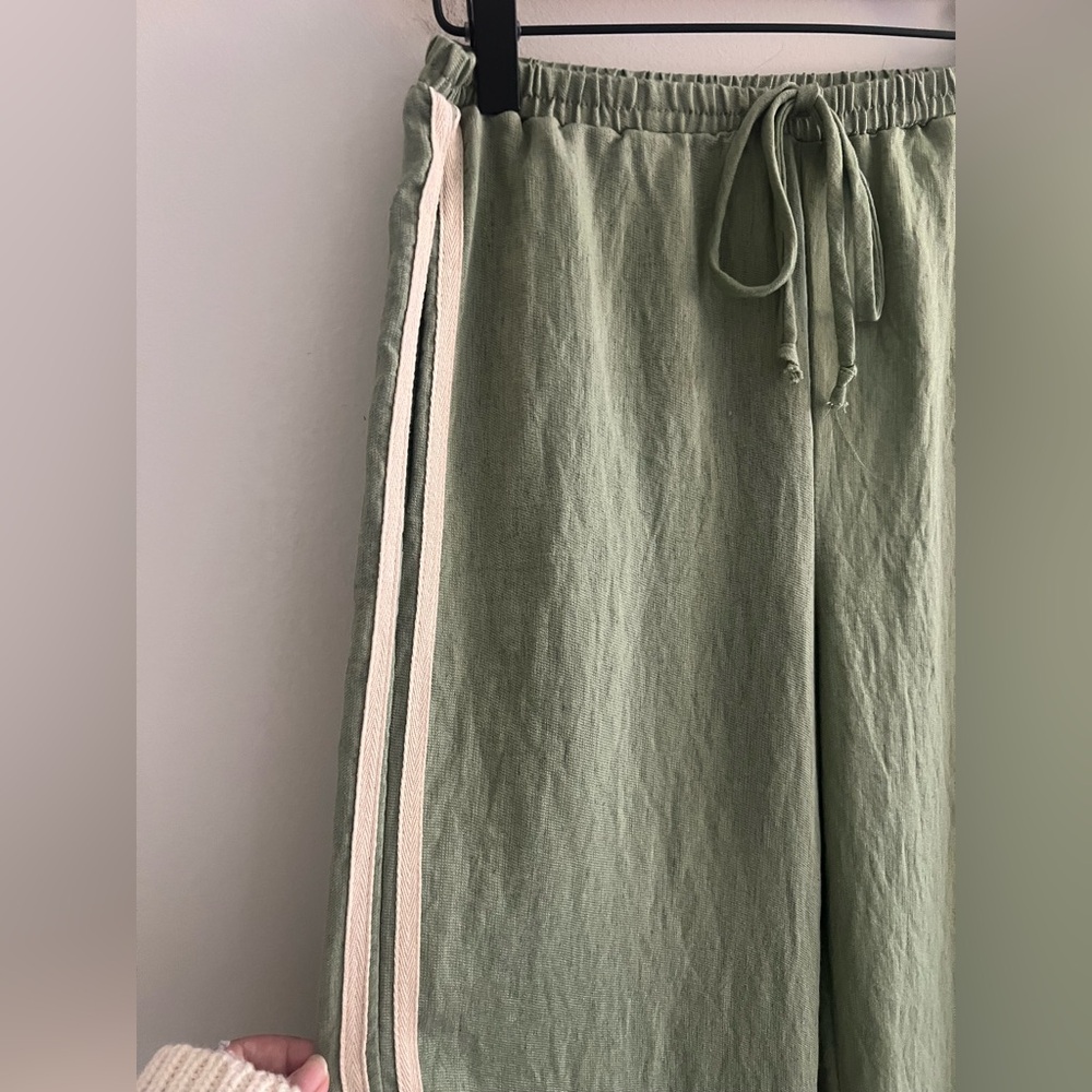 Sienna Sky Linen Blend Wide Leg Pants XS Green Cream Stripe Casual Lounge - Picture 2 of 8